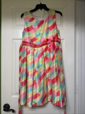 Bonnie Jean Multicolor Painted Stripe Party Dress with Red Ribbon